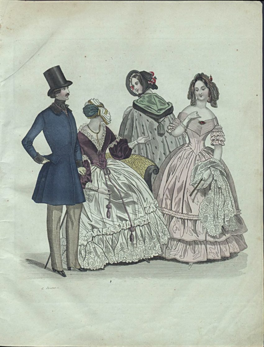 Rycina z Dziennika domowego z roku 1840 przedstawiająca dwie kobiety i mężczyznę w strojach dziennych oraz jedna kobietę w sukni wieczorowej.
