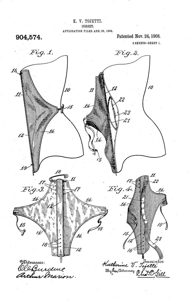 Dodatek do gorsetu, wynalazca K.V. Tojetti, patent US904574 24.11.1908 r. źródło Wikimedia Commons