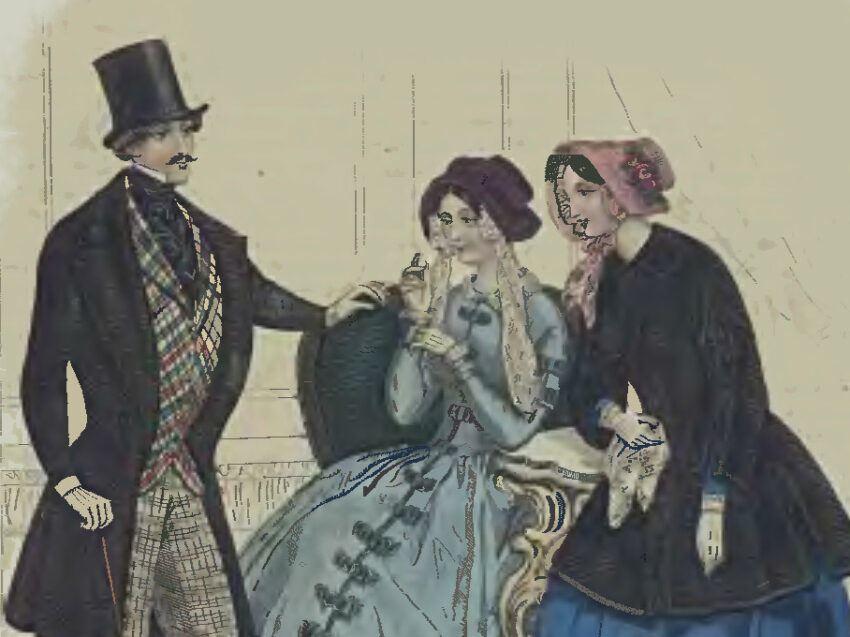 Rycina przedstawiająca dwie kobiety i mężczyznę w ubiorach z 1845 roku
