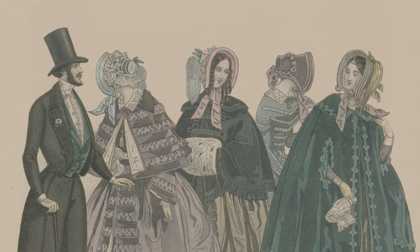 Rycina przedstawiająca cztery kobiety i mężczyznę w ubiorach z 1842 roku.