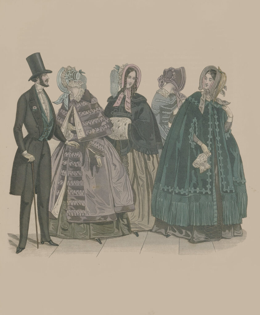 Rycina przedstawiająca cztery kobiety i mężczyznę w ubiorach z 1842 roku. 