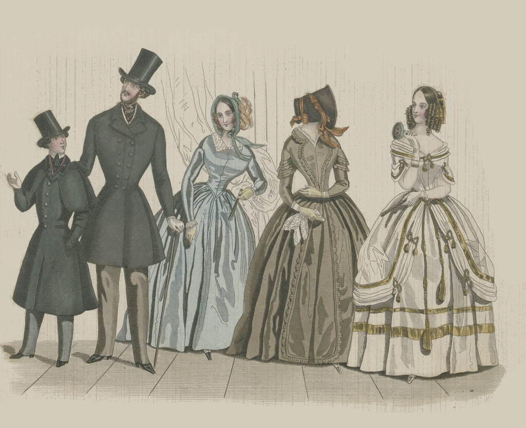 Pięć postaci w ubiorach z 1842 roku